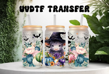 UVDTF Wrap Cow Witch Blue Floral Pumpkin 16oz Can Glass, Mug, Tumbler, Ready to Apply, Permanent Waterproof Adhesive