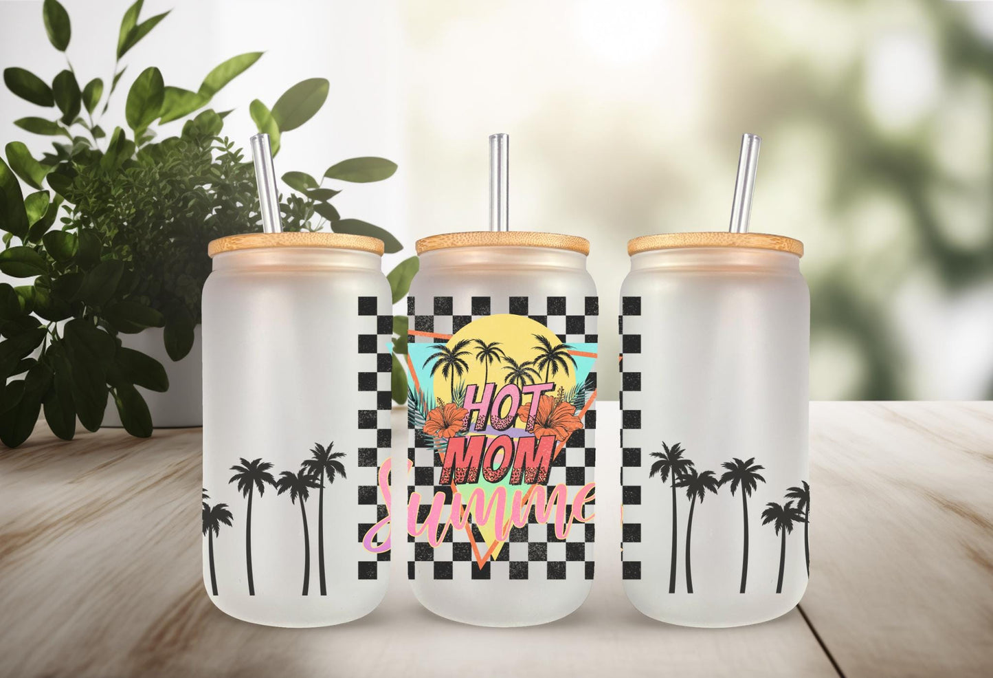 UVDTF Wrap Hot Mom Summer Checkered Palm 16oz Can Glass Mug Tumbler, Ready to apply, Permanent waterproof adhesive