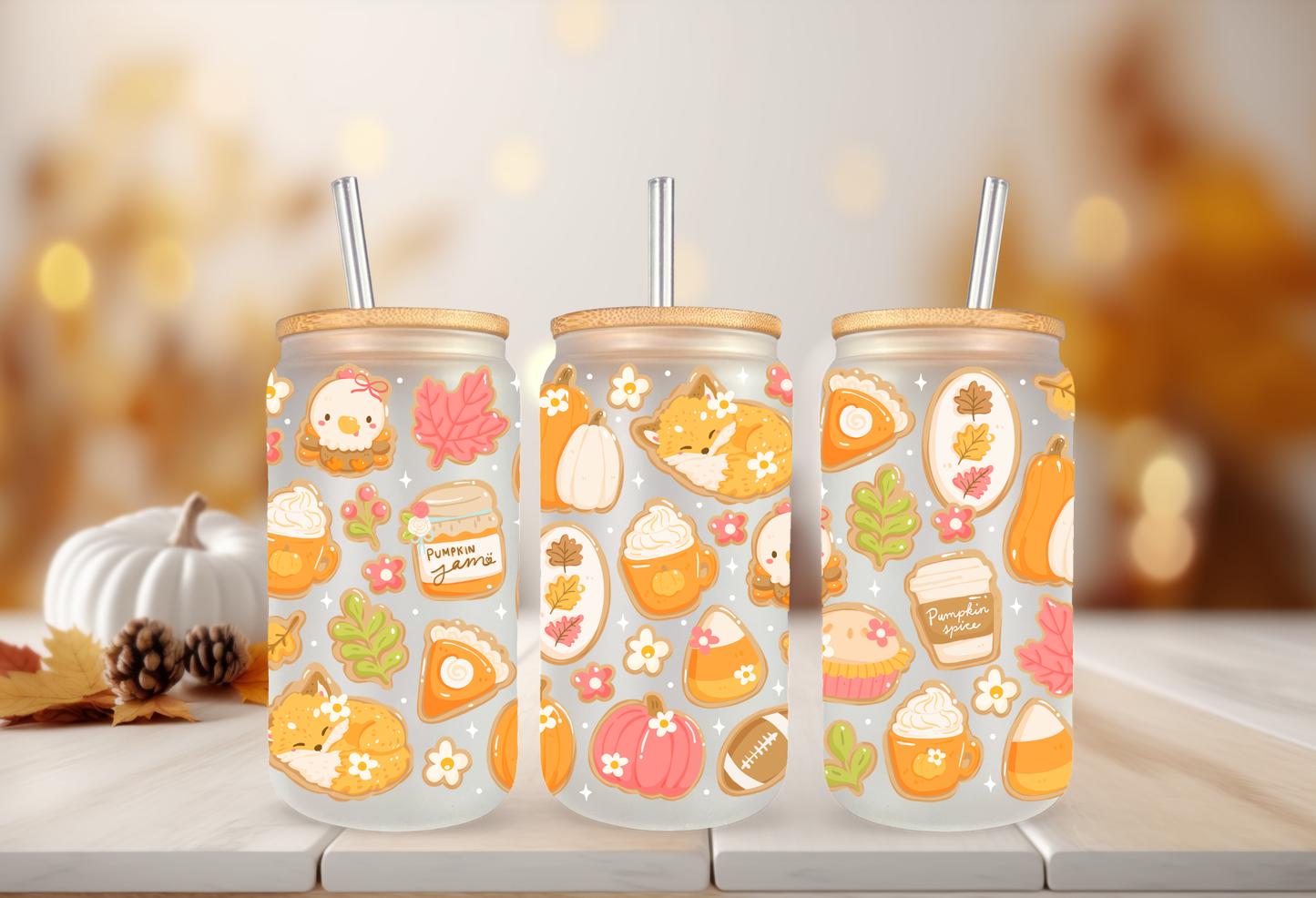 16oz can glass wrap featuring a cozy fall aesthetic design with sleeping foxes, pumpkin spice lattes, pumpkin jam jars, and pie slices on a clear background.