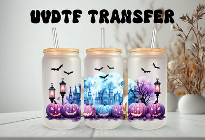 UVDTF Wrap Spooky Bats Pumpkins Haunted House 16 oz Can Glass, Mug,  40 oz  Wrap, Ready to apply, Permanent Adhesive, Double sided print