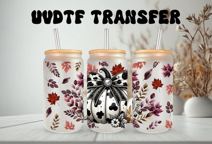 UVDTF Wrap Pumpkin Floral Cow Print 16oz Can Glass, Mug, Tumbler, Ready to Apply, Permanent Waterproof Adhesive, Double Sided Print