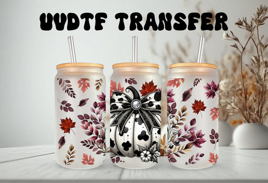 UVDTF Wrap Pumpkin Floral Cow Print 16oz Can Glass, Mug, Tumbler, Ready to Apply, Permanent Waterproof Adhesive, Double Sided Print