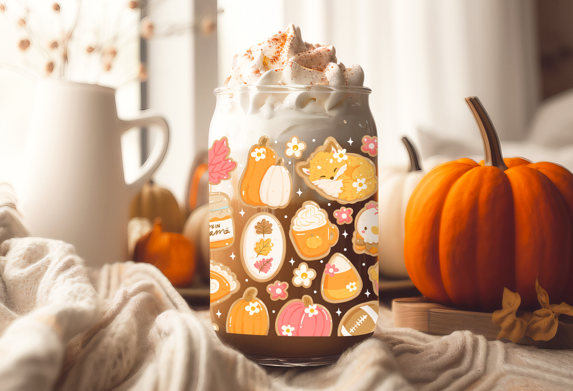 16oz can glass wrap featuring a cozy fall aesthetic design with sleeping foxes, pumpkin spice lattes, pumpkin jam jars, and pie slices on a clear background.