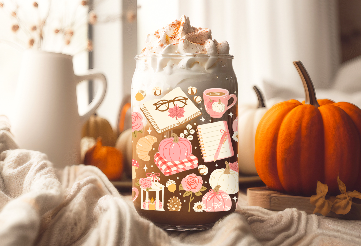 Cozy pink bookish autumn UV DTF wrap featuring reading glasses, open books, pink pumpkins, coffee mugs, and autumn foliage for 16oz glass can tumblers.