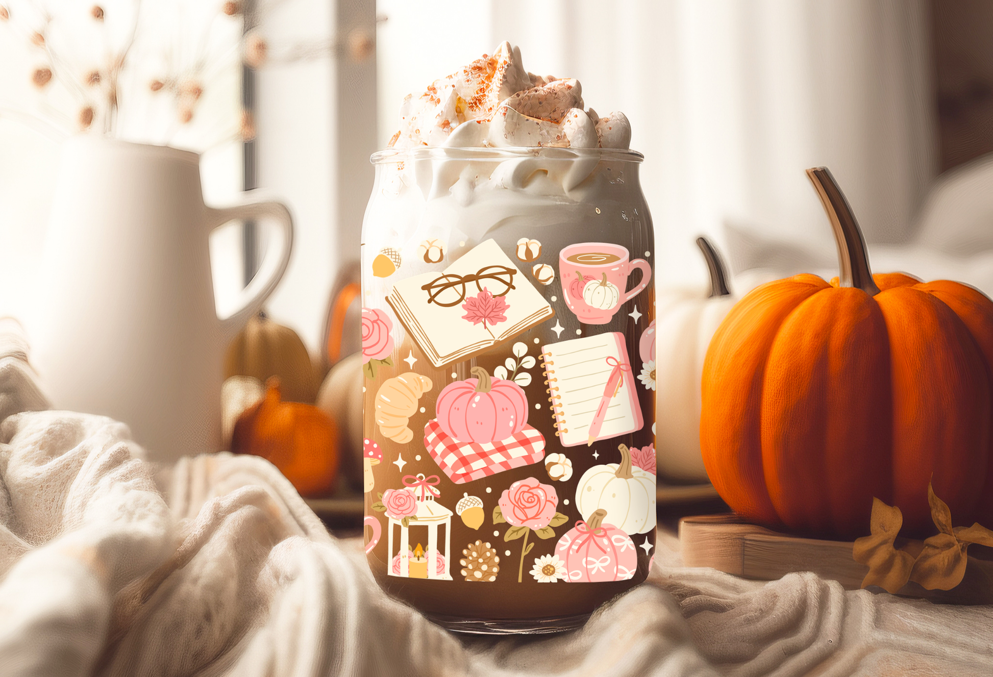 Cozy pink bookish autumn UV DTF wrap featuring reading glasses, open books, pink pumpkins, coffee mugs, and autumn foliage for 16oz glass can tumblers.