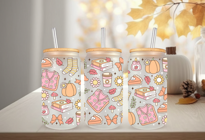 UVDTF Wrap Girly Autumn 16oz Can Glass Mug Tumbler Wrap, Ready to apply, Permanent Waterproof Adhesive, Double sided option
