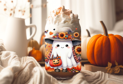 mockup of 16oz frosted glass tumbler mockup featuring cute ghosts wearing floral witch hats with pumpkin buckets and butterflies.