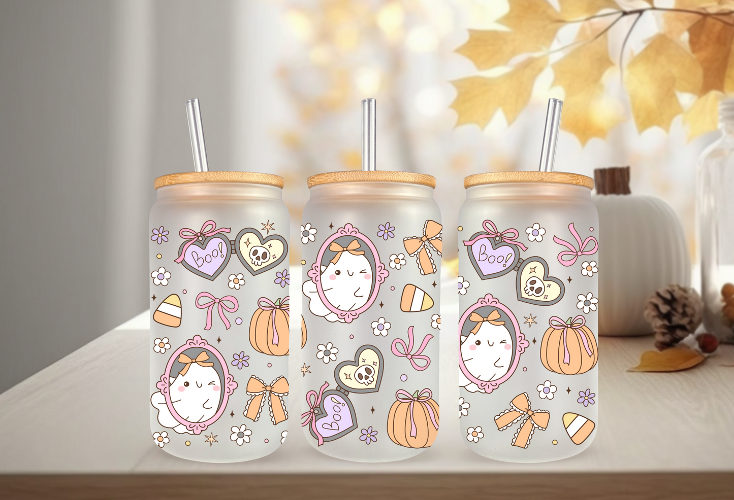 UVDTF Wrap Coquette Spooky Ghost Frames for 16oz Can Glass Mug Tumbler, Halloween Wrap, Ready to apply, Permanent Waterproof Adhesive (Copy)