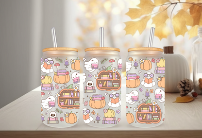 UVDTF Wrap Ghost Pumpkin Books 16oz Can Glass, Mug, Tumbler, Halloween, Ready to apply, Permanent Waterproof Adhesive
