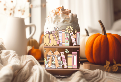 UVDTF Wrap Fall Bookshelf 16oz Can Glass, Mug, Tumbler, Halloween, Ready to apply, Permanent Waterproof Adhesive
