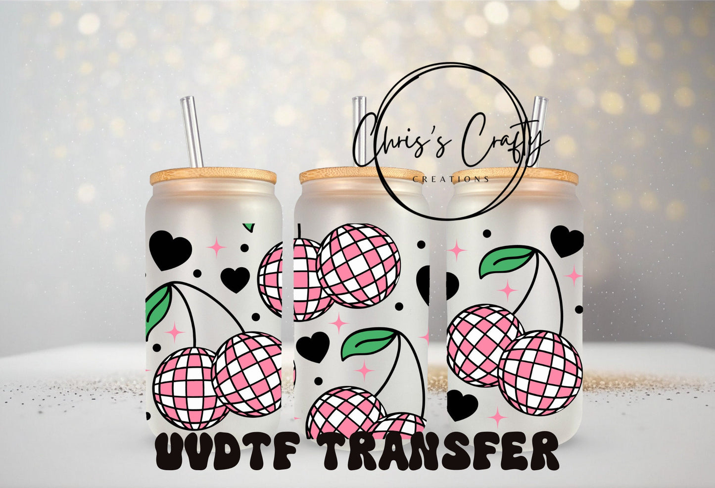 UVDTF Wrap Disco Ball Cherries 16 oz Can Glass 40 oz | Ready to apply | Permanent Waterproof Adhesive | Add on a Can Glass