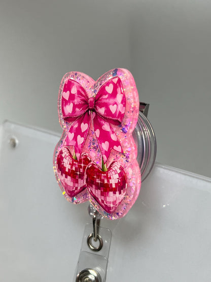 Badge Reel Bow - Disco Cherry Design Retractable ID Badge Holder Gift