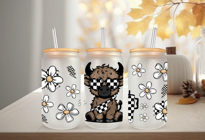 UVDTF Wrap Highland Cow Checkered Daisy 16oz Can Glass Mug Tumbler Wrap, Geese Wrap, Ready to apply, Permanent Adhesive