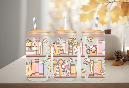 UVDTF Wrap Fall Bookshelf 16oz Can Glass, Mug, Tumbler, Halloween, Ready to apply, Permanent Waterproof Adhesive