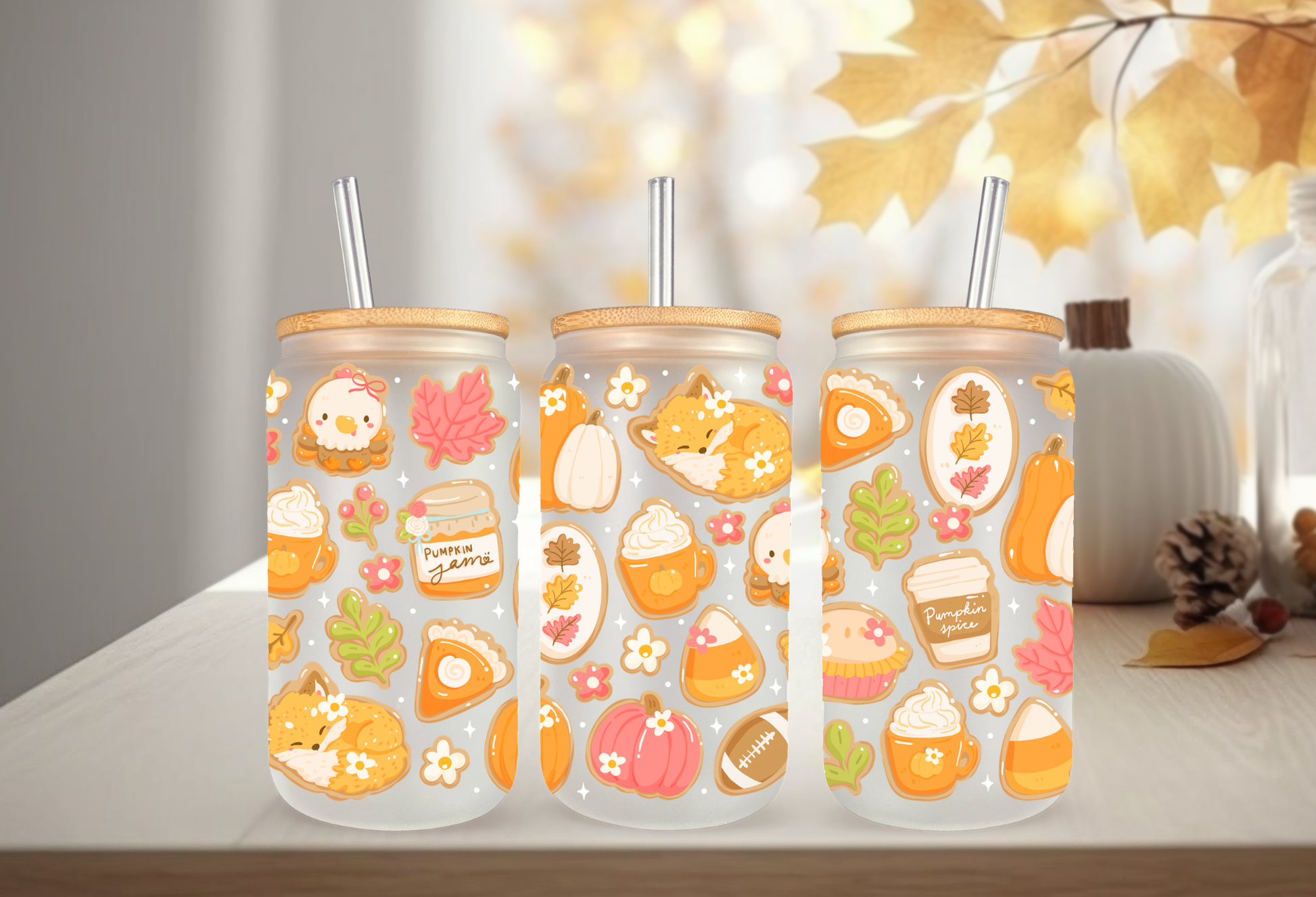 16oz can glass wrap featuring a cozy fall aesthetic design with sleeping foxes, pumpkin spice lattes, pumpkin jam jars, and pie slices on a clear background.