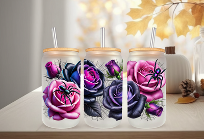 UVDTF Wrap Halloween Roses Spider 16 oz Can Glass Mug Tumbler, Halloween Wrap, Ready to Apply, Permanent Adhesive, Double Sided Print