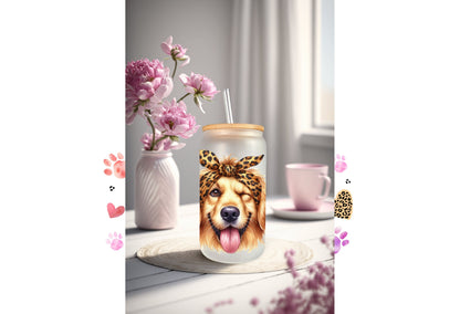 UVDTF Wrap Cute Golden Retriever Leopard Bandana for 16oz can glass Mug Tumbler, Ready to apply, Permanent Waterproof Adhesive, Double Sided option