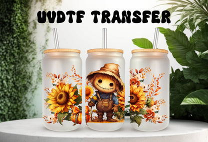 UVDTF Wrap Fall Scarecrow Floral 16oz Can Glass Mug Tumbler, Ready to Apply, Permanent Waterproof Adhesive