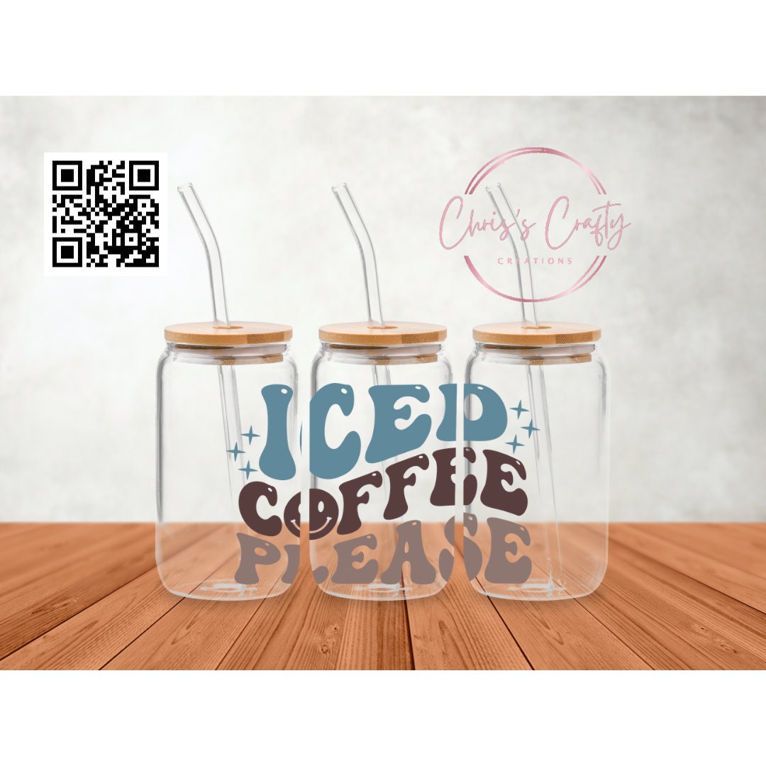 UVDTF Wrap Wavy Iced Coffee 16oz Can Glass Mug Tumbler,  Ready to apply, Permanent Waterproof Adhesive