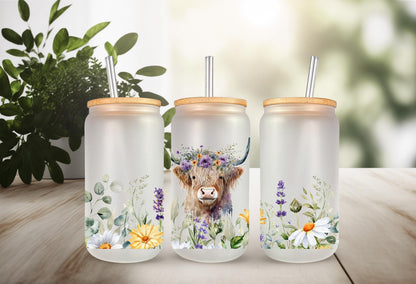 UVDTF Highland Cow Wild Flowers Daisies 16oz Can Glass Mug Tumbler, Cow Floral Wrap, Ready to Apply, Permanent Waterproof Adhesive
