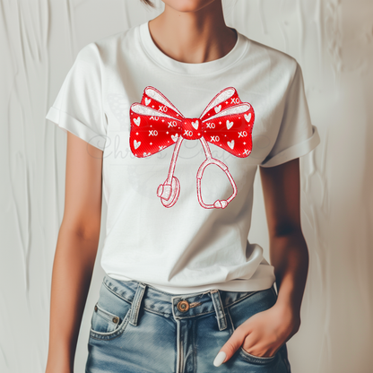 Red XOXO Bow Stethoscope DTF Transfer, Valentine's Day Medical Profession Ready to Press