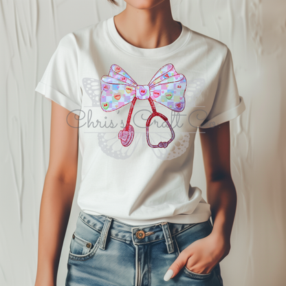 Ready-to-press DTF transfer featuring checkered bow with hearts and faux glitter stethoscope
