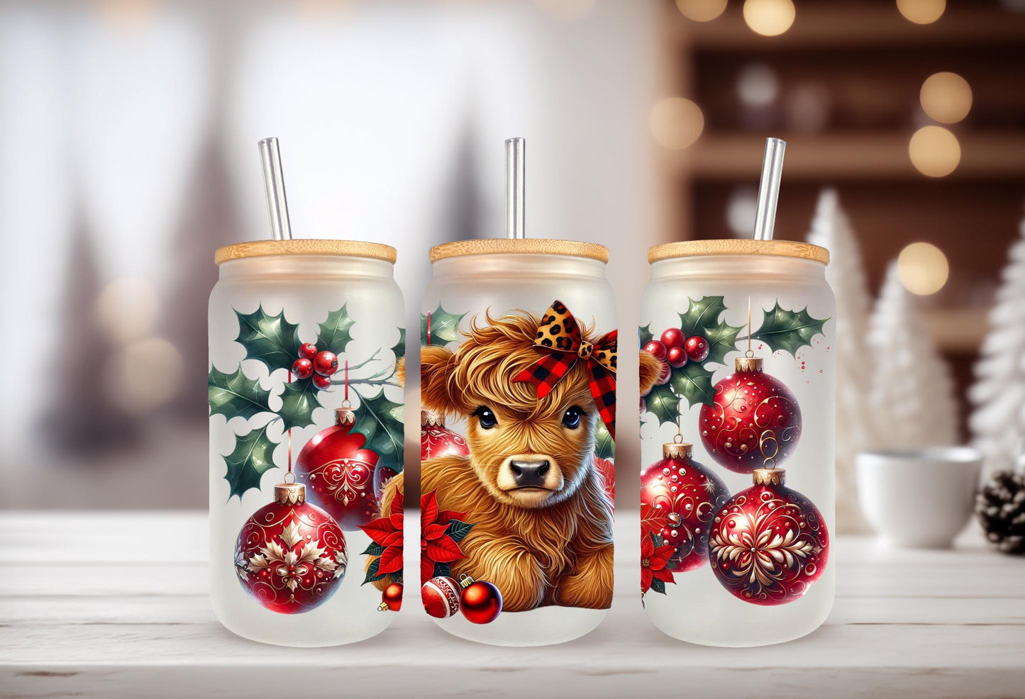 UVDTF Wrap Highland Cow Ornaments Poinsettia 16oz Can Glass Mug Tumbler, Ready to Apply, Permanent Waterproof Adhesive