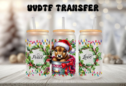 UVDTF Wrap Highland Cow Peace Love 16oz Can Glass Mug Tumbler, Ready to Apply, Permanent Waterproof Adhesive