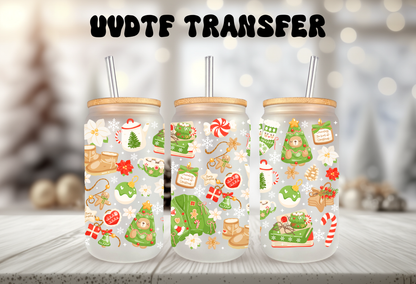 UV DTF wrap for 16oz glass can featuring Christmas decor, peel-and-stick application.