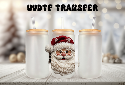 Seasonal UV DTF decal featuring Santa faux yarn artwork on clear backing.