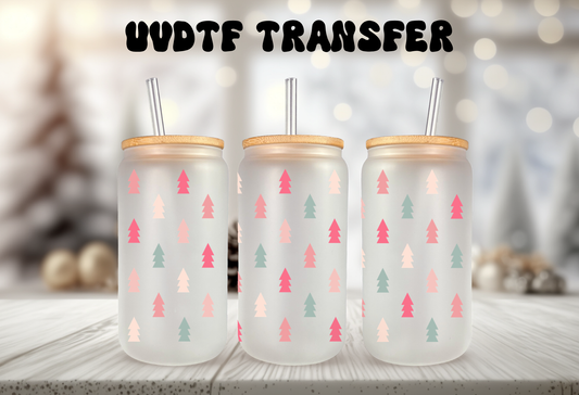 MOCKUP OF Three 16oz glass can tumblers with bamboo lids displaying pastel Christmas tree UVDTF wrap designs
