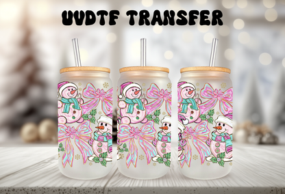 16oz glass can tumbler mockup featuring pink and teal snowman with coquette bow UVDTF transfers.