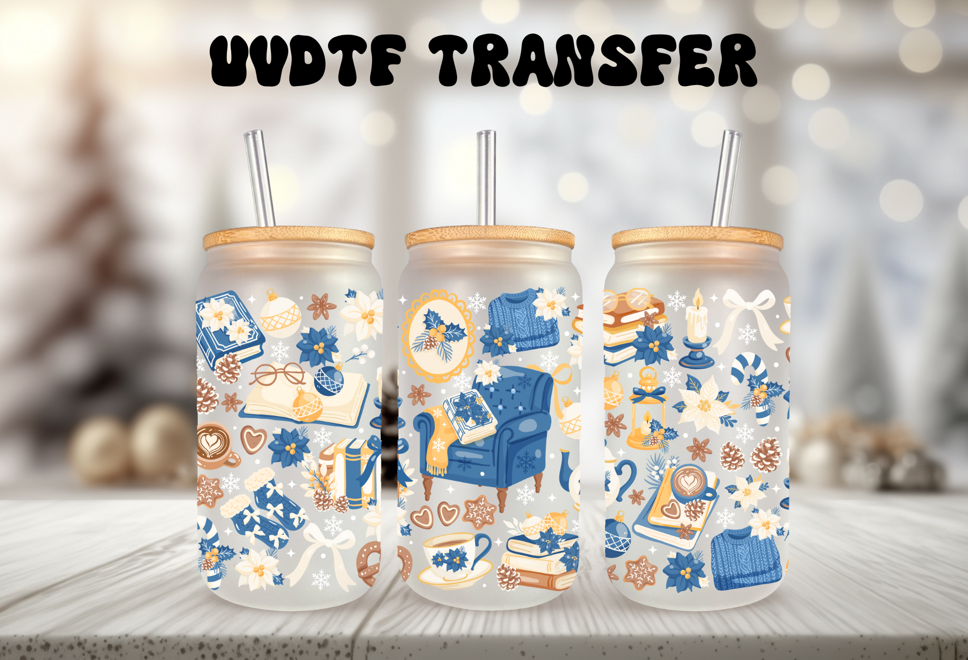 UV DTF wrap for 16oz glass can featuring Christmas Vintage Books, peel-and-stick application.