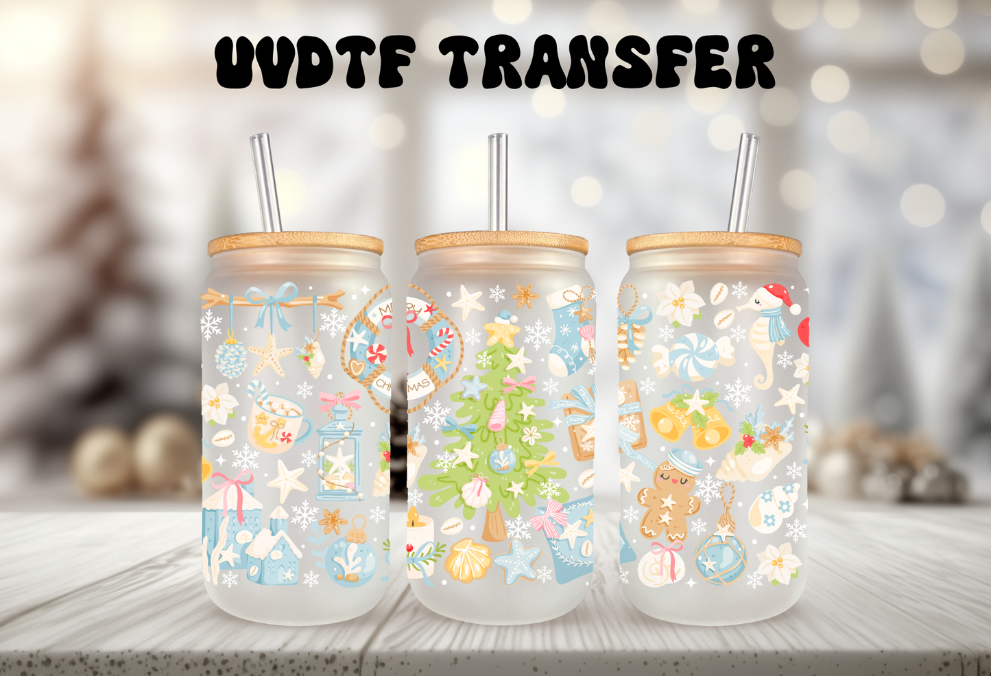 UV DTF pen wrap featuring Christmas coastal, sized for standard pens with peel-and-stick application.