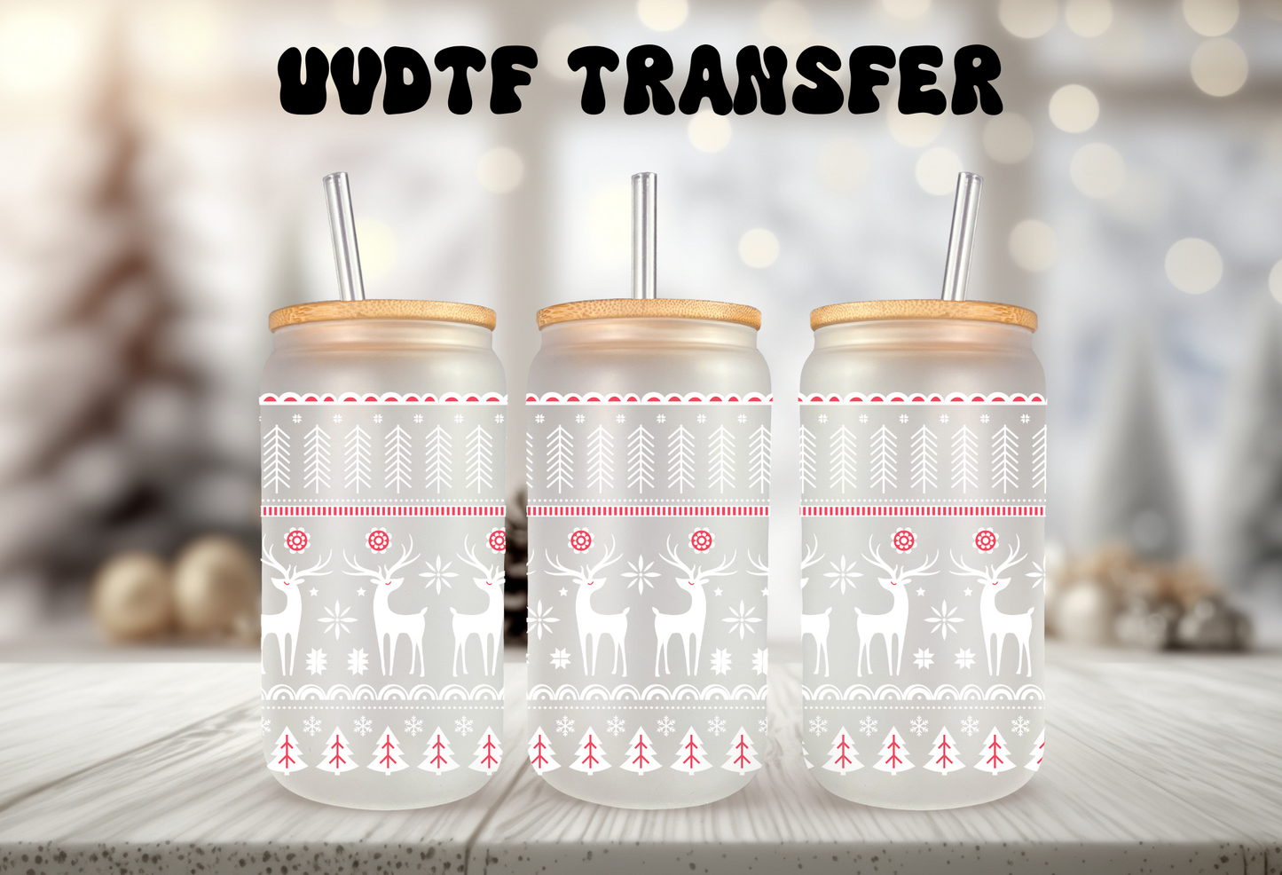 UV DTF wrap for 16oz glass can featuring festive white deer, peel-and-stick application.