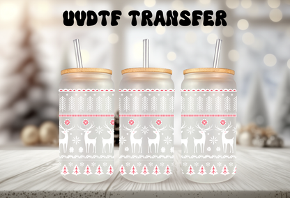 UV DTF wrap for 16oz glass can featuring festive white deer, peel-and-stick application.