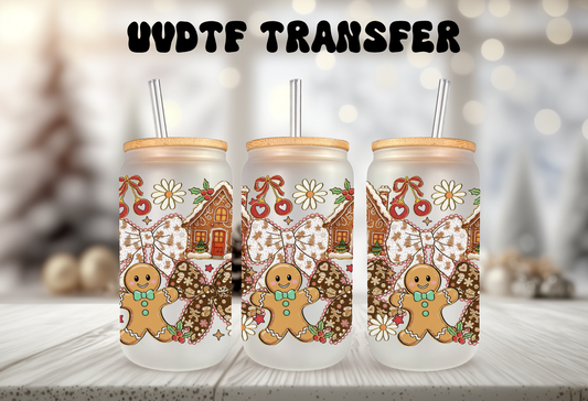 16oz glass can tumbler mockup featuring gingerbread houses, gingerbread men, and bow UVDTF transfers.
