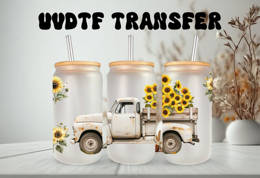 UVDTF Wrap Sunflower Vintage Truck Fall 16 oz Can Glass, Mug, Tumbler, Double Sided Print Option, Ready to Apply, Permanent Adhesive