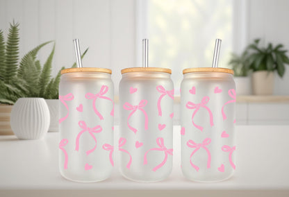 UVDTF Wrap Coquette Bows Hearts Pink 20oz Can Wrap Mug Tumbler, Bow Heart Wrap, Ready to Apply, Permanent Waterproof Adhesive