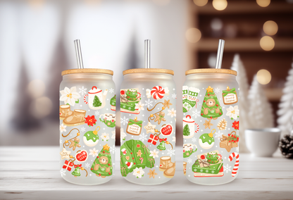 UV DTF wrap for 16oz glass can featuring Christmas decor, peel-and-stick application.