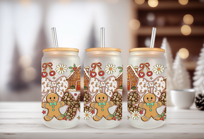 16oz glass can tumbler mockup featuring gingerbread houses, gingerbread men, and bow UVDTF transfers.