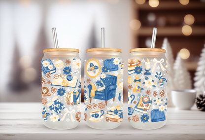 UV DTF wrap for 16oz glass can featuring Christmas Vintage Books, peel-and-stick application.