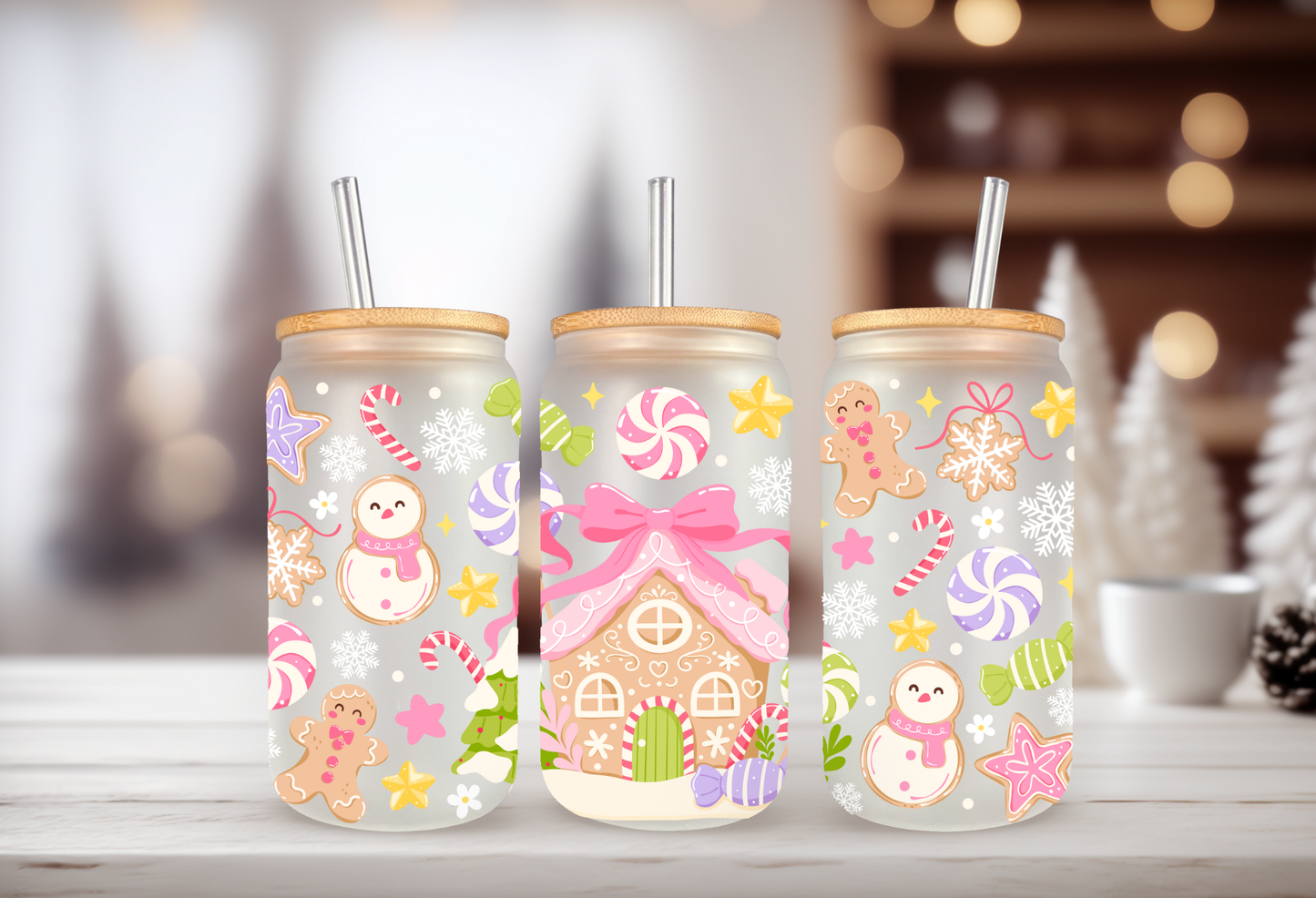 Gingerbread House UV DTF Cup Wrap | Christmas Candy, Peppermint, Snowflakes | Holiday Waterproof Sticker