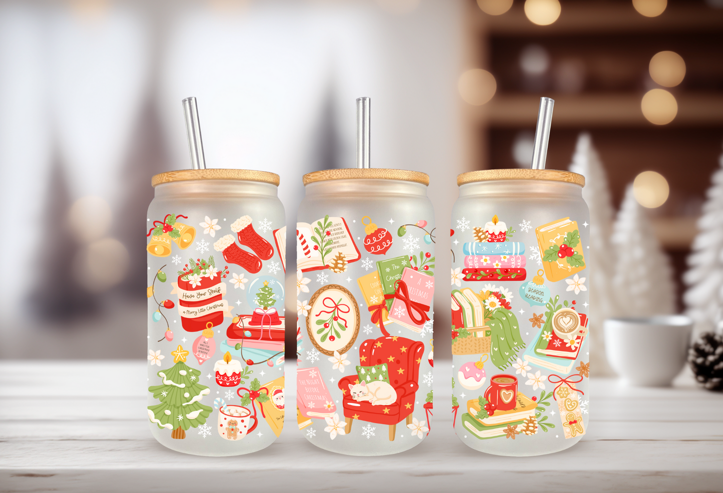 UVDTF Wrap Christmas Bookish 16oz Can Glass, Mug, Tumbler, Ready to apply, Permanent Waterproof Adhesive