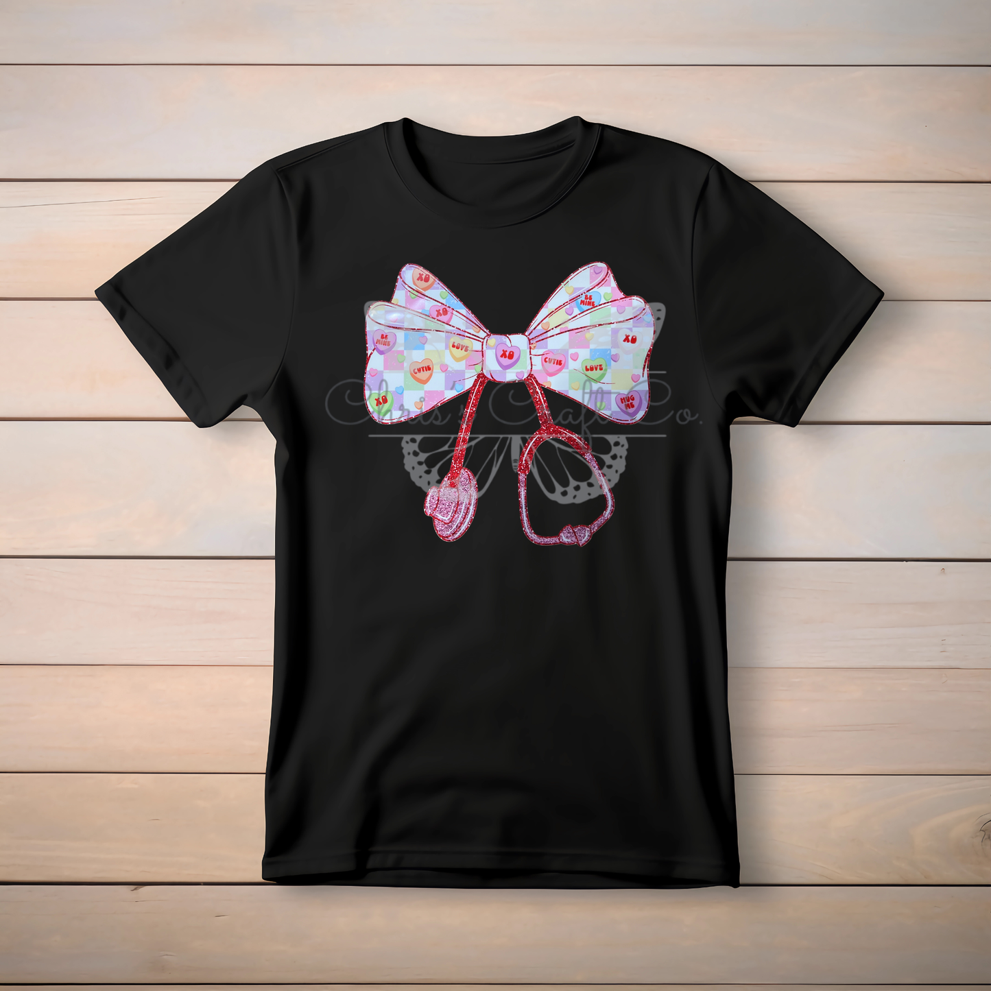 Ready-to-press DTF transfer featuring checkered bow with hearts and faux glitter stethoscope