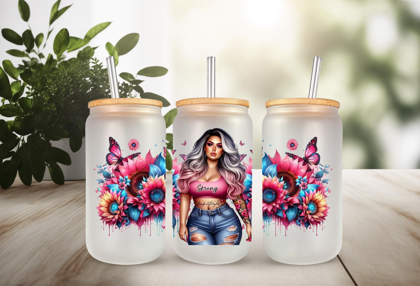 UVDTF Wrap Floral Butterfly Positive Quotes 16oz Can Glass Wrap Mug Tumbler, Strong Girl Wrap, Ready to Apply, Permanent Waterproof Adhesive