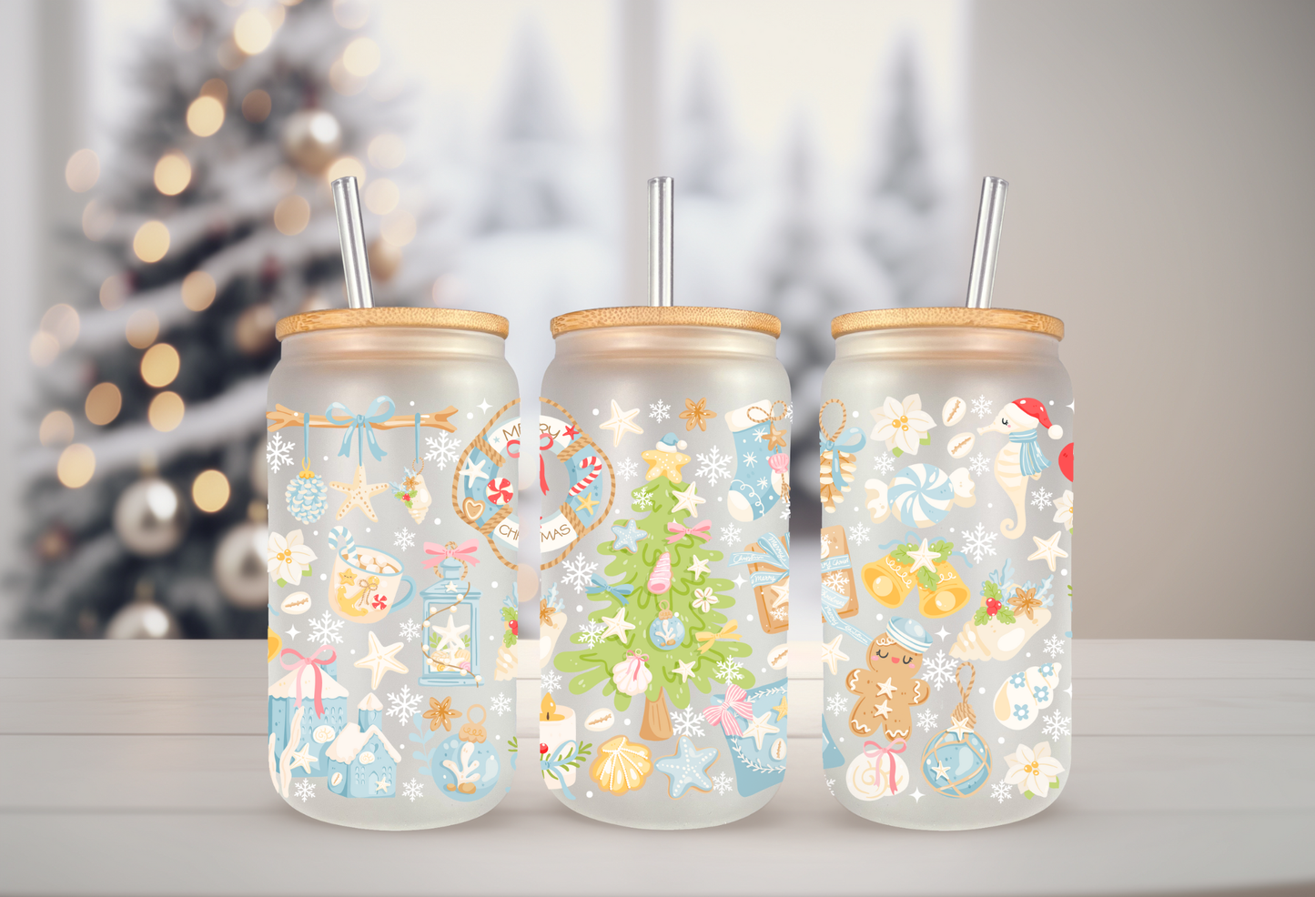 UV DTF pen wrap featuring Christmas coastal, sized for standard pens with peel-and-stick application.