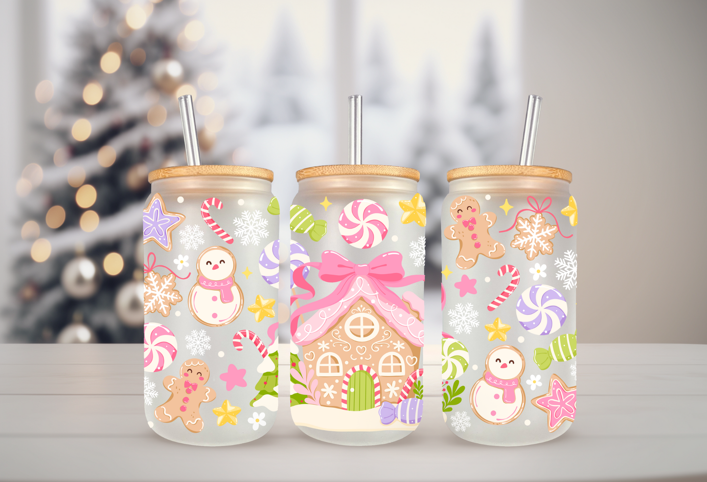 Gingerbread House UV DTF Cup Wrap | Christmas Candy, Peppermint, Snowflakes | Holiday Waterproof Sticker