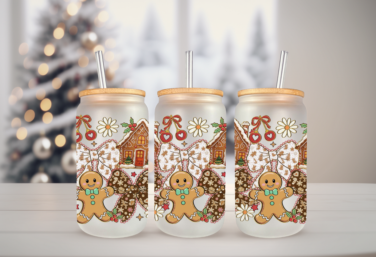 16oz glass can tumbler mockup featuring gingerbread houses, gingerbread men, and bow UVDTF transfers.