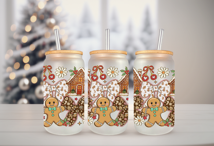 16oz glass can tumbler mockup featuring gingerbread houses, gingerbread men, and bow UVDTF transfers.
